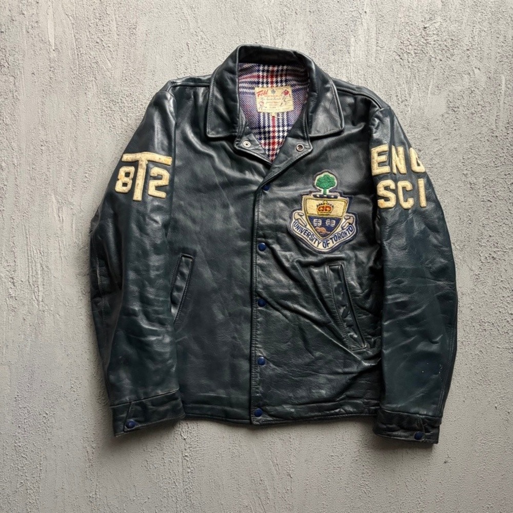 Vintage University of Toronto Leather Varsity Jacket Medium Blue 1980s